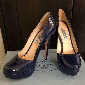 Prada Blue Patent Leather Platform pumps